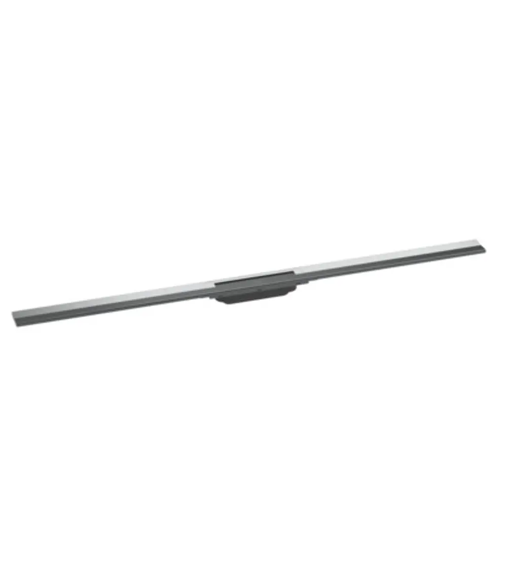 Hansgrohe Duschrinne in Chrom, flach und rechteckig, mit einer mittigen Halterung. Das Bild zeigt die gesamte Länge des Produkts.